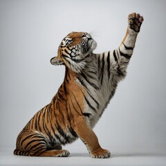 A tiger standing on its hind legs, stretching upward, on a white backdrop.