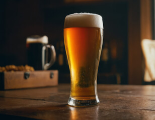 A tall pint of beer with a creamy foam head on a dimly lit counter.