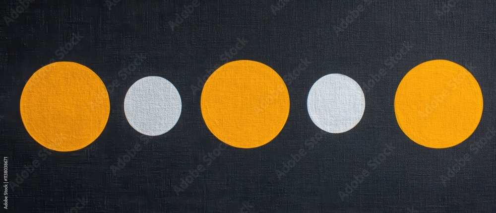 Poster abstract artwork featuring five circles in varying sizes and colors on a textured dark background.