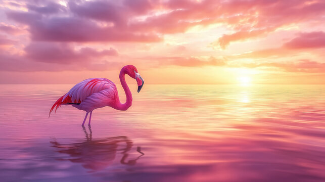 A flamingo drinking from a shallow lagoon, its reflection rippling under a pastel sunset