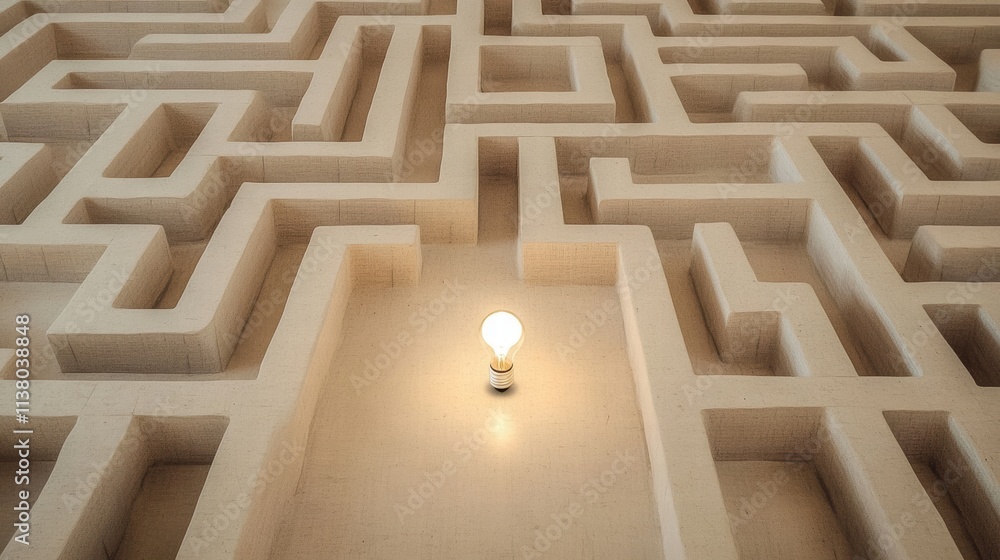 Poster a unique maze design with a glowing light bulb at the center, symbolizing ideas and problem-solving.