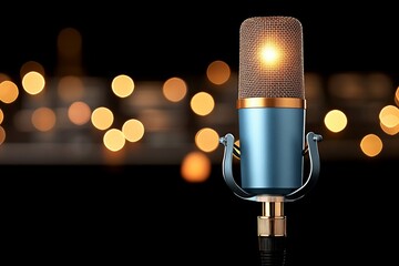 Vintage microphone surrounded by soft bokeh lights creating a cozy atmosphere for music recording
