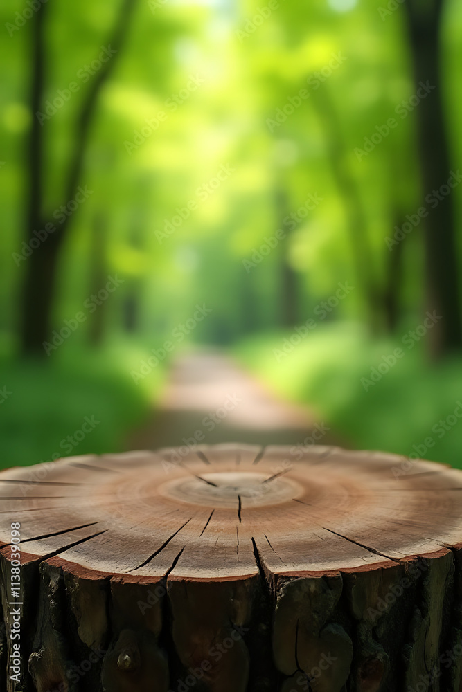 Poster old tree stump tabletop focused on blurred green foliage in the distant tree background creates a st