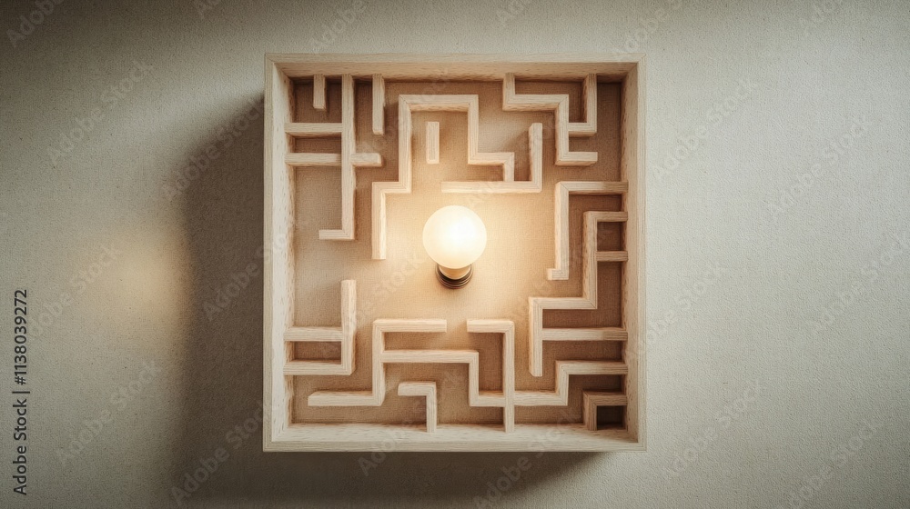 Poster an intricate wooden maze design illuminated by a soft light, creating a captivating and inviting atm