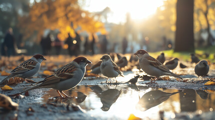 A flock of sparrows gathered around a shallow puddle in an urban park, with sunlight filtering through nearby trees