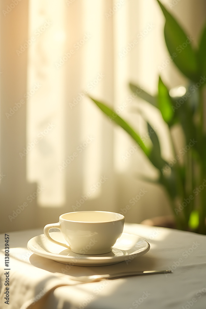 Poster nimalist tabletop setting features a blurred curtain background and abstract greenery highlighted by warm sunlight for a visually striking image._00003_