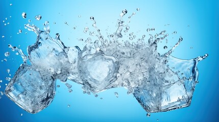 Dynamic Water Splash and Ice Cubes Against a Blue Background