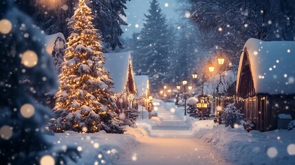 Naklejka premium Christmas village with snow-covered houses, streetlights, and a decorated tree 