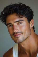 Fototapeta premium Handsome man with dark hair and charming smile poses against neutral background during a portrait session