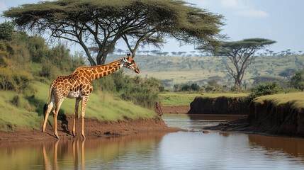 Fototapeta premium A giraffe bending its long neck to reach a waterhole in the arid savanna, with acacia trees nearby