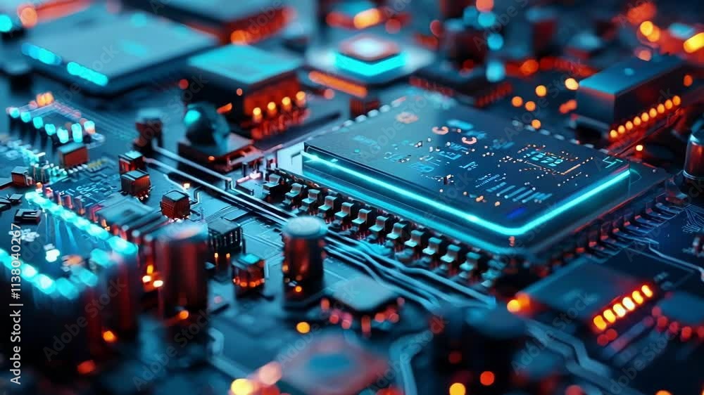 Poster camera is moving around a futuristic cpu, showing its complex design and components. the glowing lig