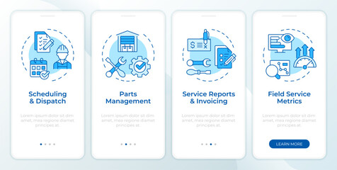 Key components of FSM blue onboarding mobile app screen. Walkthrough 4 steps editable graphic instructions with linear concepts. UI, UX, GUI template. Montserrat SemiBold, Regular fonts used