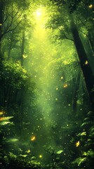 Obraz premium Enchanted Forest Pathway with Glowing Fireflies and Butterflies. A mesmerizing view of a mystical forest with glowing fireflies and butterflies, bathed in the soft light of the setting sun.