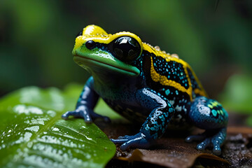 Obraz premium Poison Dart Frog Crouching On a Leaf, Moisture Droplets On its Shine And Colorful Skin 