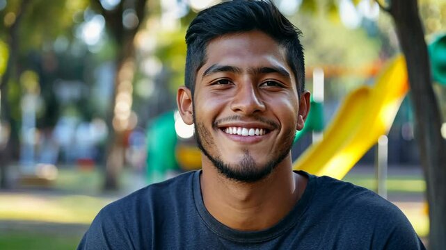 smiling Indian man at city green park, well being concept