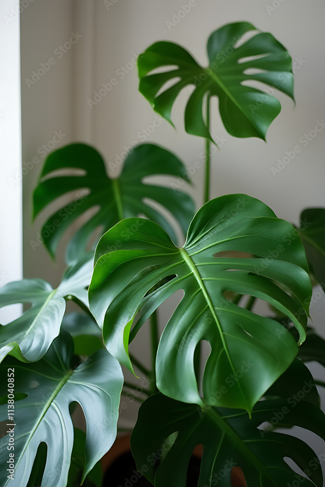 Aufkleber monstera leaves in selective focus add a pop of color to a decorative interior design background wit