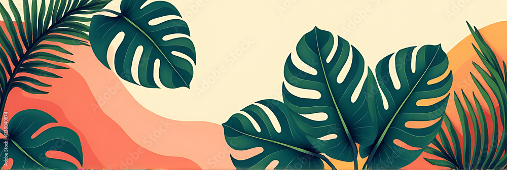 Poster monstera leaves are selectively focused in a colorful decorative design to create a visually appeali