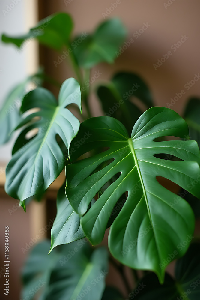 Aufkleber monstera leaves in selective focus add a pop of color to a decorative interior design background wit