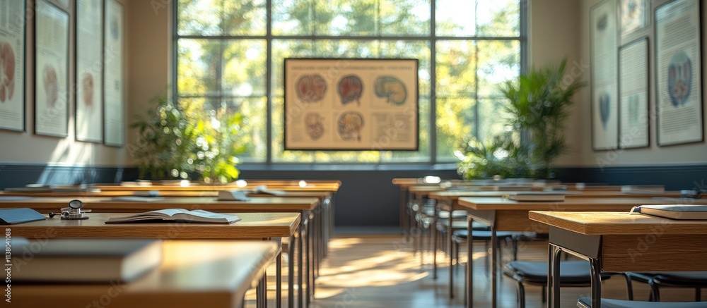 Poster sunlit classroom with anatomical charts and empty desks.