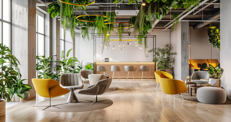 Fototapeta premium A modern open office space with greenery atmospher and ecofriendly design, showcasing an organic modern style.