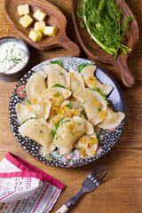 Dumplings with minced meat filling. Varenyky, vareniki, pierogi, pyrohy - dumplings with filling....