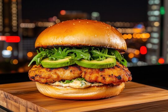 Delicious gourmet burger with fried chicken, avocado and arugula on wooden board, with blurred city lights at night