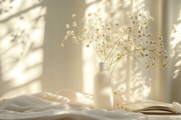 Vase with dried flowers and a minimalistic spray bottle displayed on a pastel background, embodying elegance and simplicity