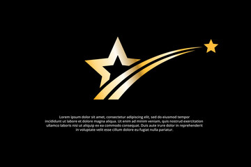 golden shooting star with trail wave line luxury logo with black background