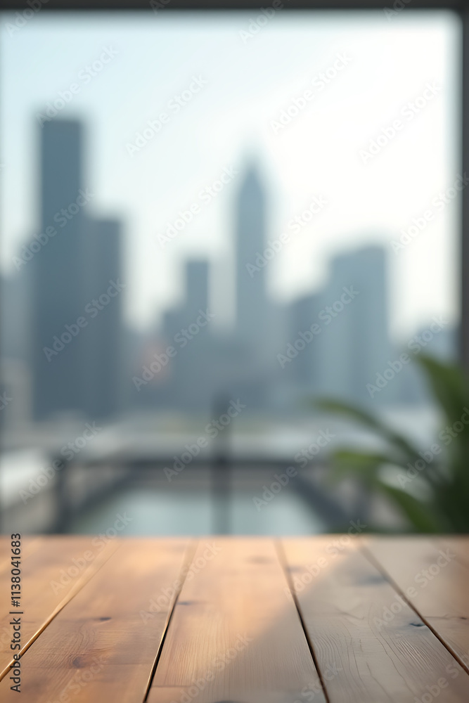 Poster minimalist office interior features a wooden table in front of a blurred cityscape, ideal for produc