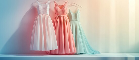 Three pastel gowns hanging on a rack against a light wall.