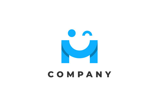 letter m smile face cute logo with one eye closed with light blue color