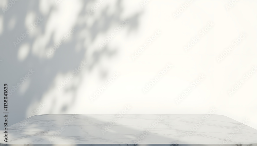 Poster marble table top has a blurred shadow of a tree behind it against a clean white wall background._000