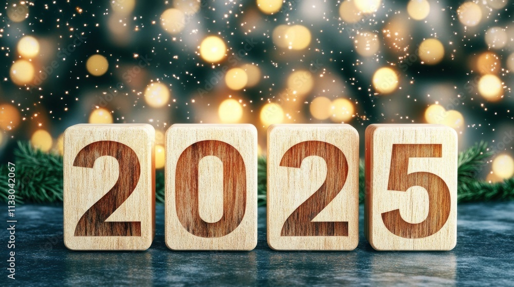 Poster wooden blocks displaying the year 2025 with festive bokeh lights in the background create a joyful a