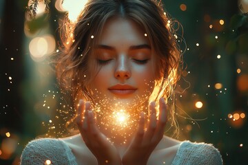Captivating woman in forest emitting light from her hands during golden hour with sparkles surrounding her