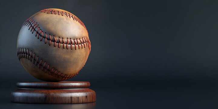 Vintage baseball on wooden pedestal, sports concept, dark background with copy space, ideal for banner or print