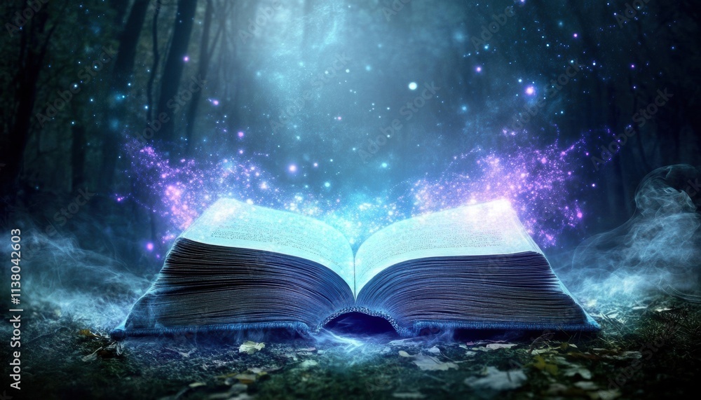 Poster an open magical book floats in a mystical forest, surrounded by stardust and enchanting light. a rea