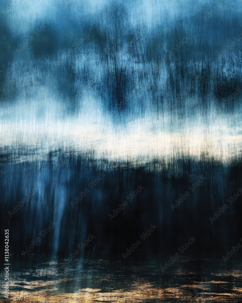 Poster abstract depiction of a moody landscape with dark hues and a hint of light.