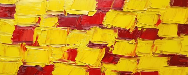 Vibrant abstract painting with yellow, red, and orange blocks, textured brush strokes create dynamic visual appeal, copy space for text