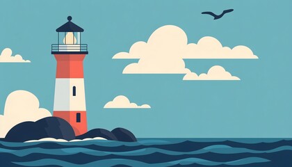 A simplistic illustration of a red and white lighthouse under a blue sky