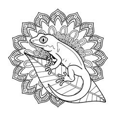 a chameleon blending into the foliage, with detailed leaves and branches, illustration. Lizard Line Art Vector.
lizard for kids. A chameleon rests on a branch surrounded by tropical foliage.