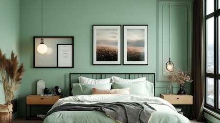 Green Bedroom Interior Design with Artwork and Lighting