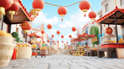 vibrant festive market scene during Chinese New Year, filled with colorful lanterns, food stalls, and decorations, creating joyful atmosphere
