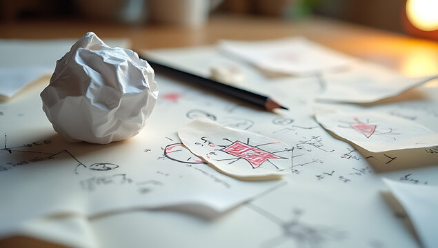 Jot down innovative business ideas with creative inspiration on scraps of paper using a pencil and a crumpled ball as a makeshift desk._00003_