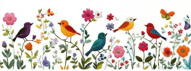 A whimsical embroidered design of birds and flowers in vibrant colors on a clean white background