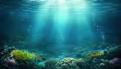 Beneath the waves, vibrant coral reefs thrive, illuminated by sun rays piercing the tranquil ocean water.