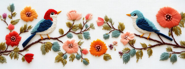 A whimsical embroidered design of birds and flowers in vibrant colors on a clean white background