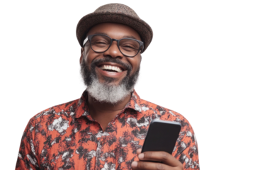 Portrait of pleased handsome man using mobile phone isolated over PNG