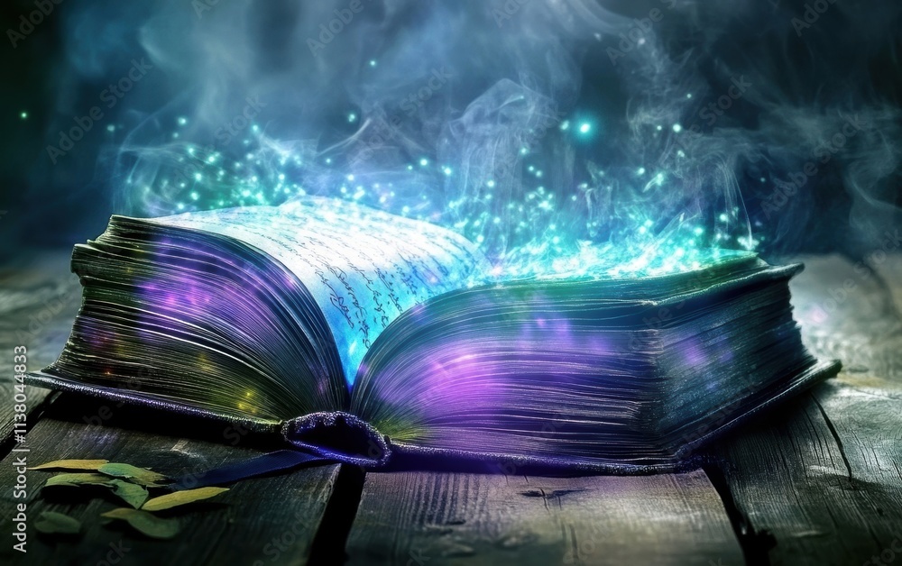 Aufkleber an enchanted open book emits magical light and sparkles, creating a mystical atmosphere in a dark en