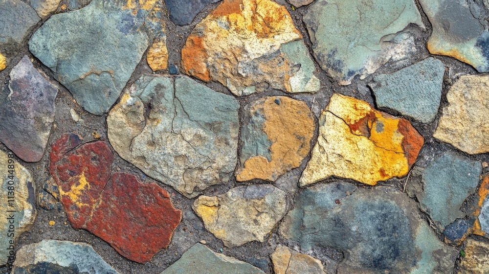 Poster close up view of an artistic stone cobblestone pavement featuring a vibrant mix of colors and textur