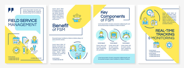 Field service management yellow and blue brochure template. FMS system. Real-time tracking. Leaflet design with linear icons. Editable 4 vector layouts. Questrial, Lato-Regular fonts used
